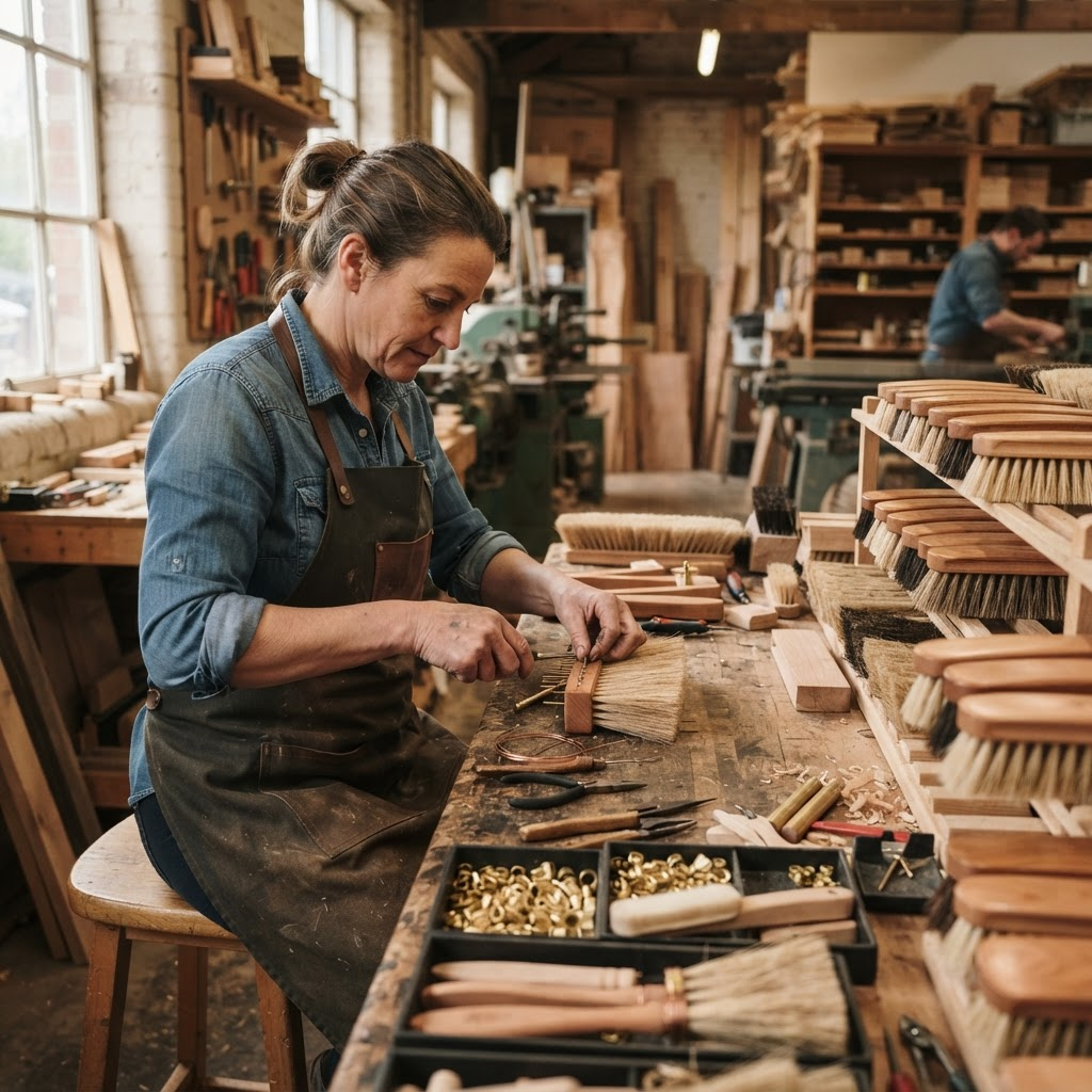 Skilled worker assembling wooden-handled brushes in the Everest Brush Ware workshop