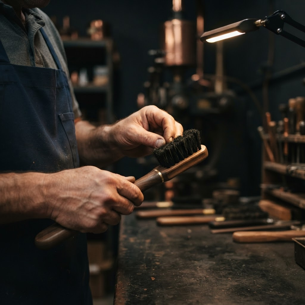 Quality control inspection of a wooden-handled brush at Everest Brush Ware